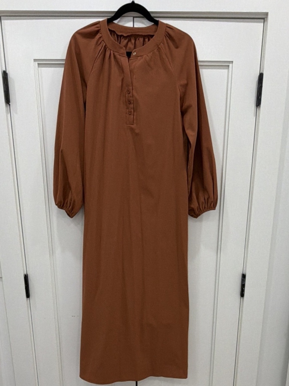 SHEIN Women's Maxi Dress M Brown Solid Balloon Sleeve Round Neck Button